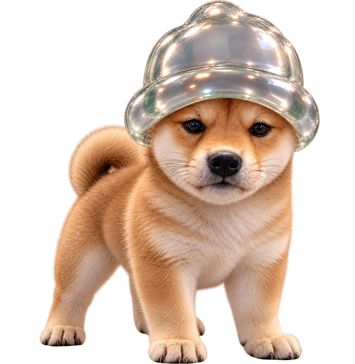 dogwifpons wearing a translucent pearl helmet